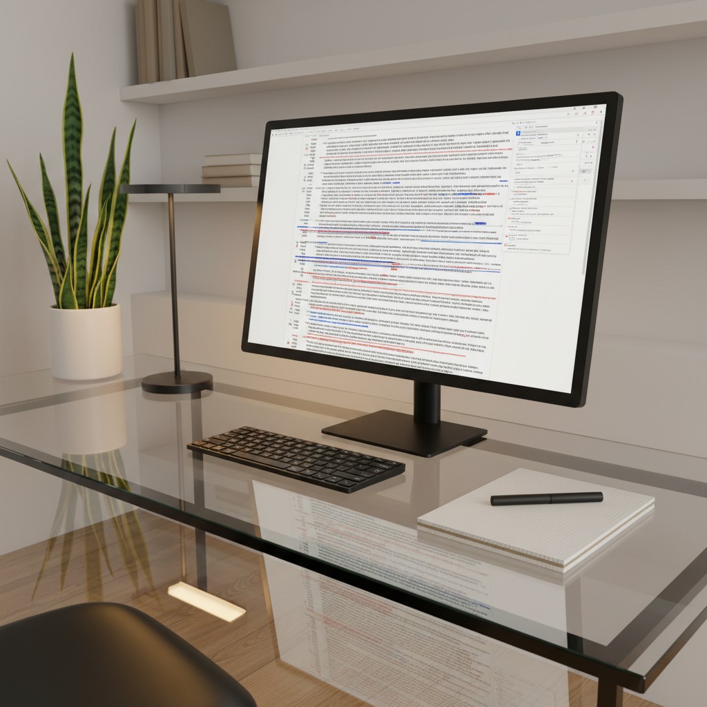 A computer monitor displaying a list of search results on a transparent desk with green plant, working lamp, keyboard, bla...