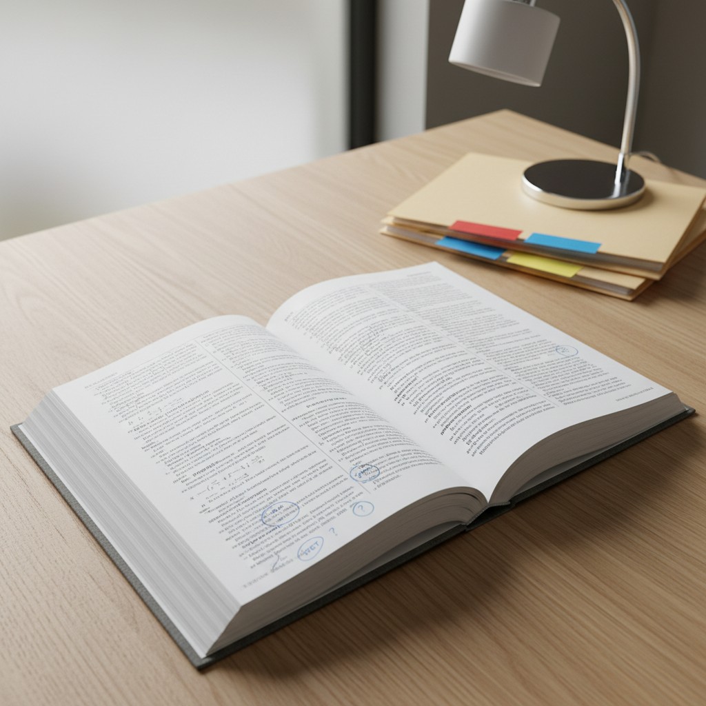 Bedroom or study with open book, desk lamp and files to do homework.