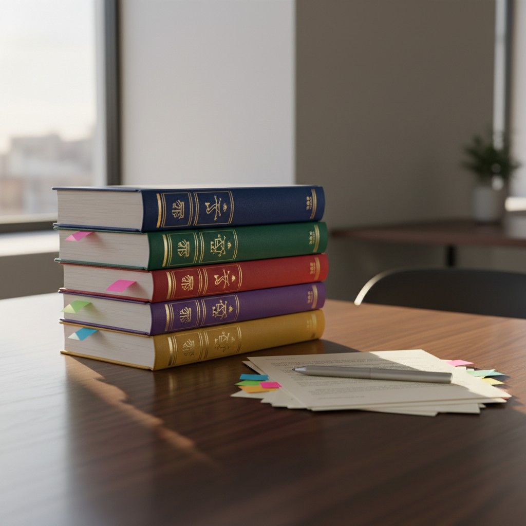 A stack of books with sticky notes next to a pen and paper with text and a stack of papers in the interior of a room.