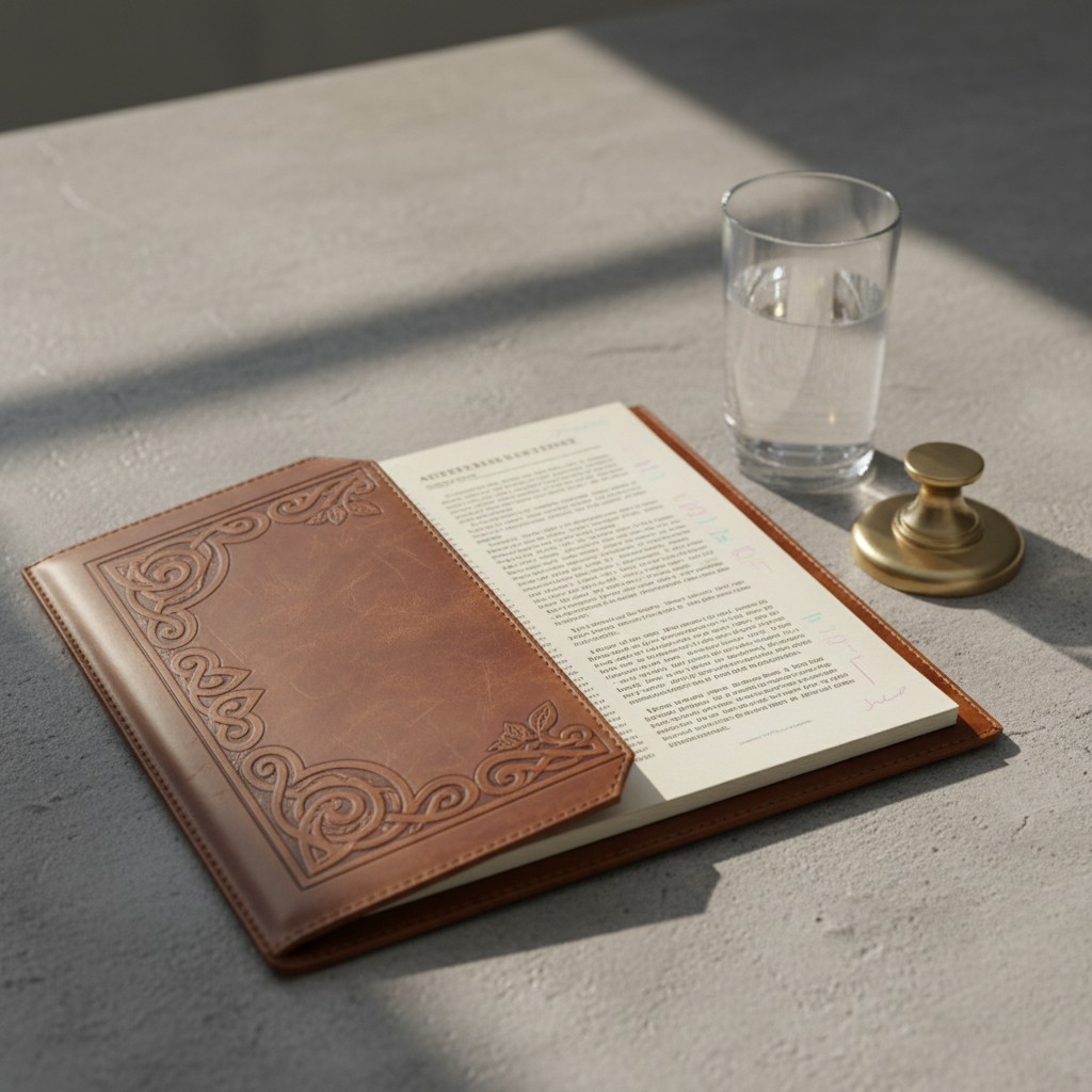An open book with a leather cover, featuring intricate designs at the margins, lies on a gray countertop. The countertop a...