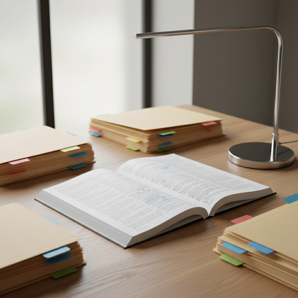 A neatly organized desk with a silver lamp, an open book, and multiple stacks of files with tabs in various colors, featur...